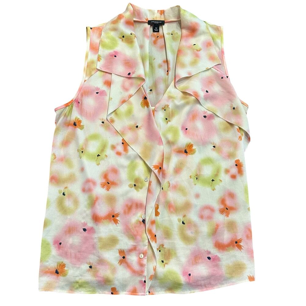 Ann Taylor White Pink Watercolor Floral Sleeveless Button Front Top Blouse 12